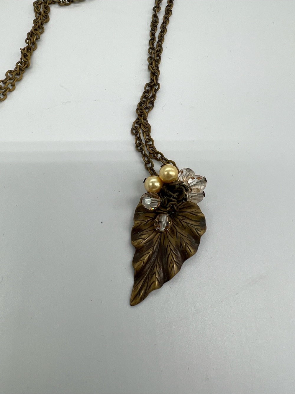 Antique Brass Leaf Pendant Necklace with Pearl and Crystal Accents - Picture 2 of 3